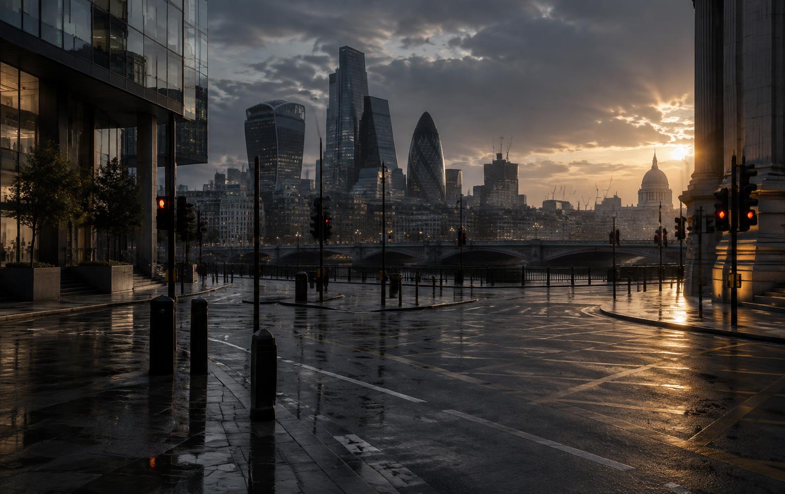 Rain-dark London at dawn, seen through a restrained near-future thriller lens
